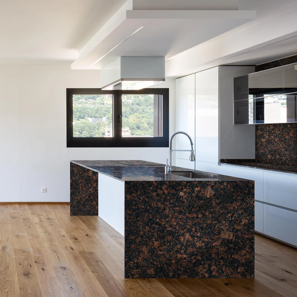 Open Kitchen with Tan Brown Granite Countertops